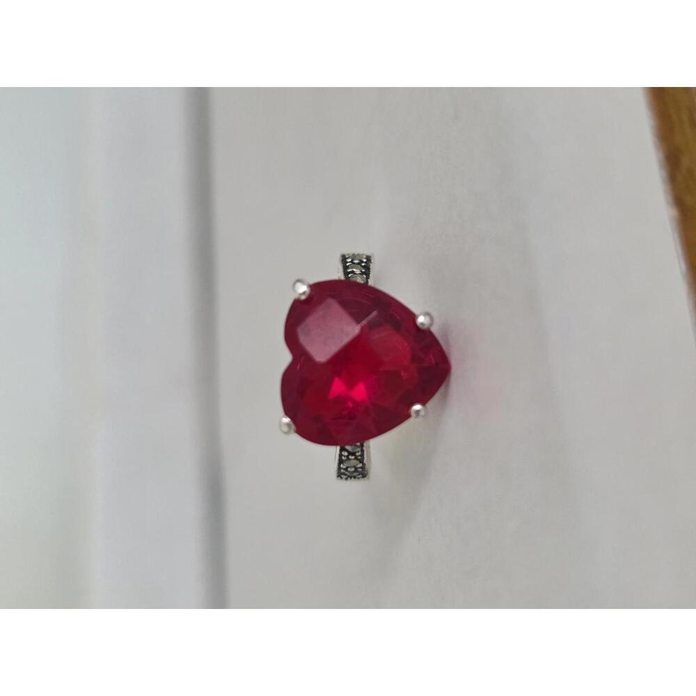 Sterling Silver Ring with Red Heart Stone – Romantic Statement - Size 6.75